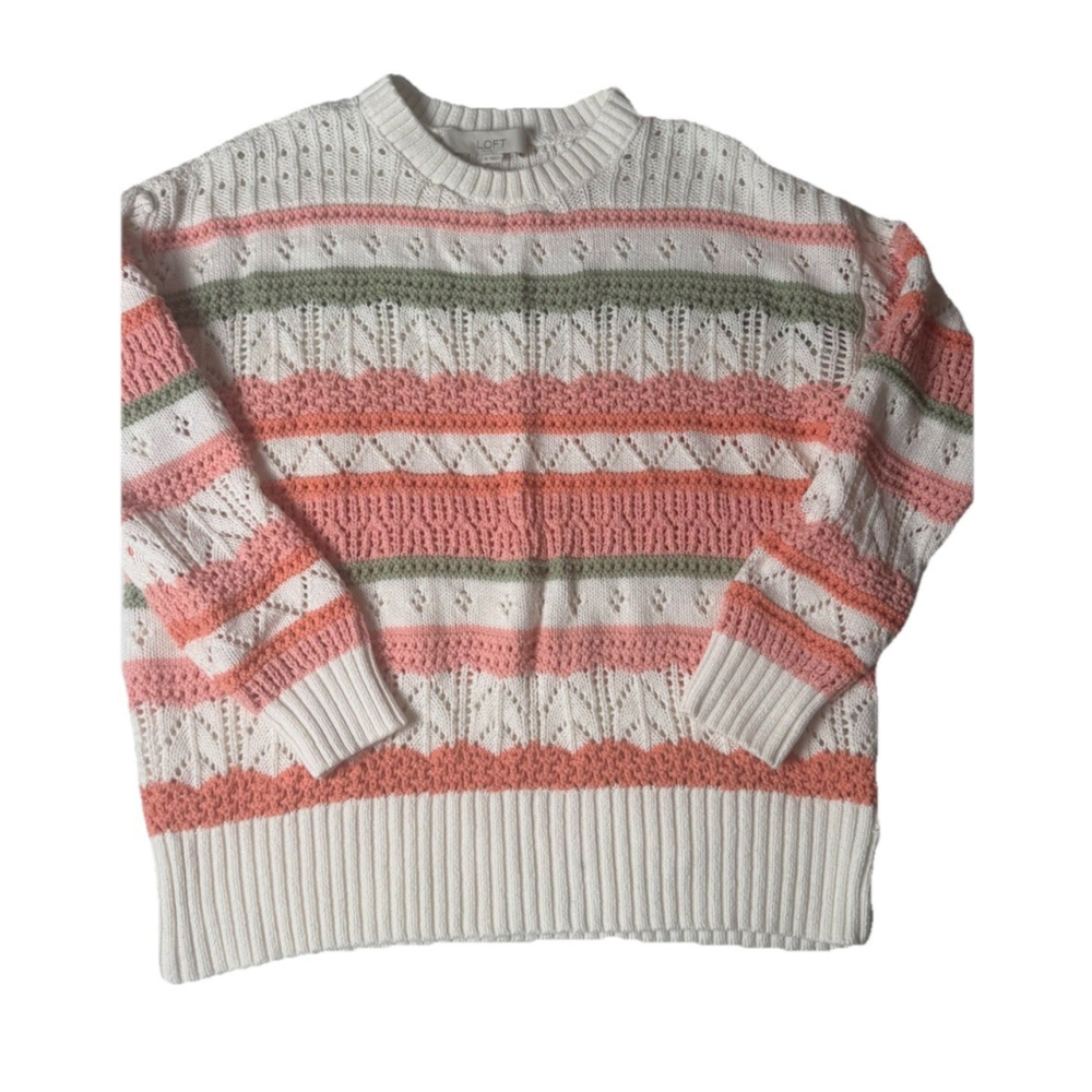 Loft Crochet Knit Fair Isle crewneck sweater green orange Pink cream Sz Medium
